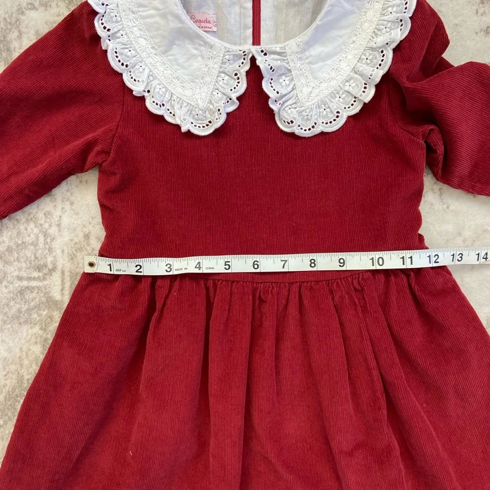 La Coqueta 6Y Girl’s Red Corduroy Dress with White Lace Collar - Picture 6 of 13